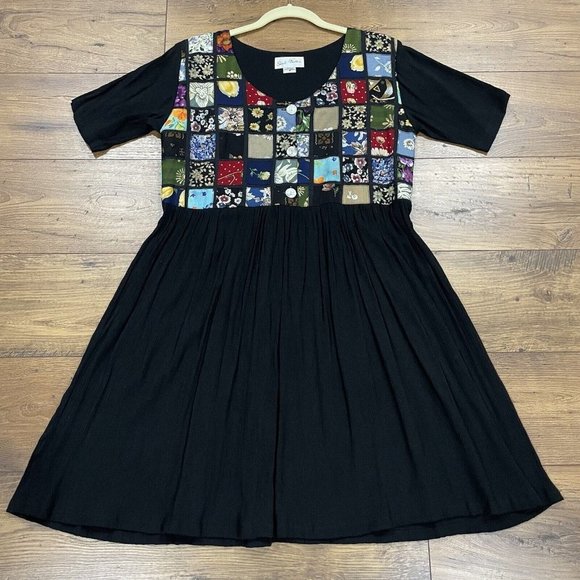Vintage Patchwork Dress Womens M Multicolor Black Crinkle Textured Button Boho - Picture 1 of 12
